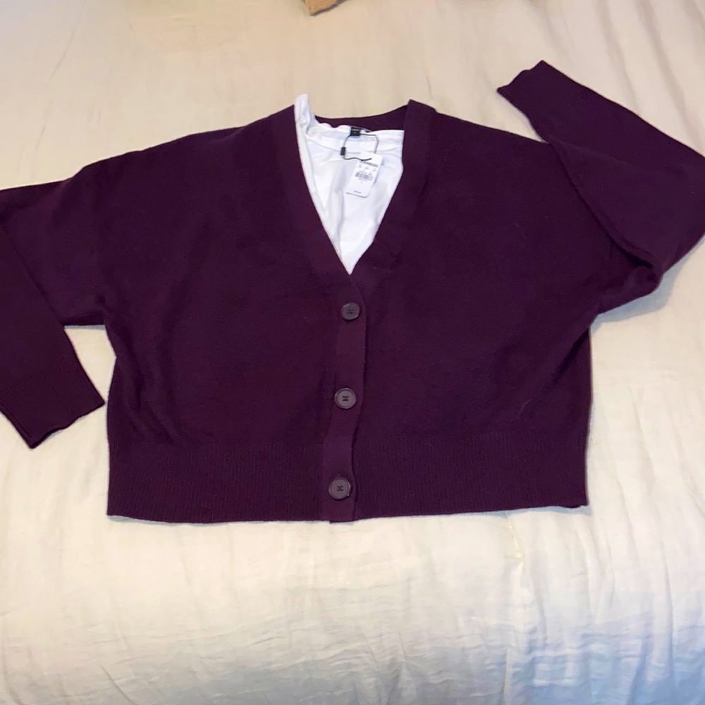 Express medium weight short cardigan. White shirt NOT INCLUDED